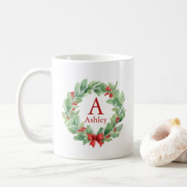 Caneca De Café Coroa de Natal em monograma e nome em aquarela