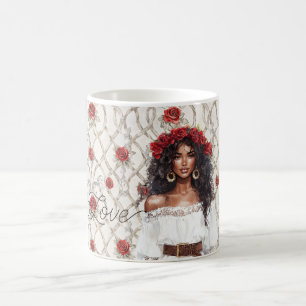 Caneca De Café Coroa de Rosas Femininas Pretas Floral de Madeira 