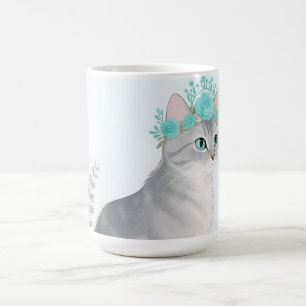 Caneca De Café Coroa Floral Gato Cinza