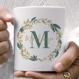 Caneca De Café Coroa Floral Verde Dourado Monograma