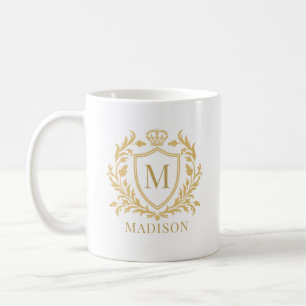 Caneca De Café Coroa Monograma Brasão Heráldico Dourado