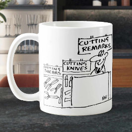 Caneca De Café Cortando comentários em uma loja de hardware. Engr