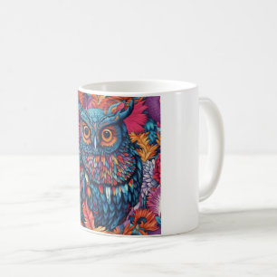 Caneca De Café Coruja Arte que Desenha Coruja Azul e Flores Rosa
