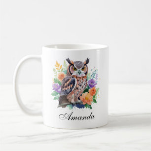 Caneca De Café Coruja de Aquarela com Flores Coloridas