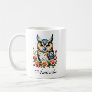 Caneca De Café Coruja de Aquarela com Flores Girly