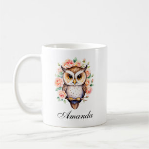 Caneca De Café Coruja de Cintas Aquáticas e Rosas de Folha