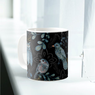 Caneca De Café Coruja de Pássaro Azul Nórdico Floral