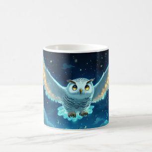 Caneca De Café coruja nevando voando no céu noturno.