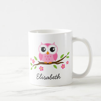 Caneca De Café Coruja no galho com flores cor-de-rosa nome person