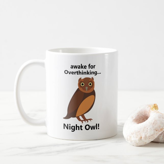 Caneca De Café Coruja Noturna Pensativa Divertida (Com Donut)
