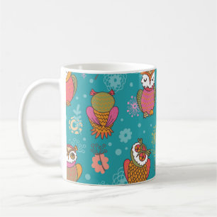 Caneca De Café Corujas Florais: Desenhados À Mão, Sem Costura.