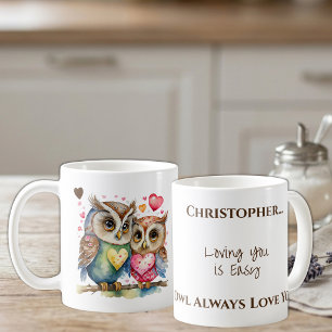 Caneca De Café Corujas fofas amando você nome personalizado marro