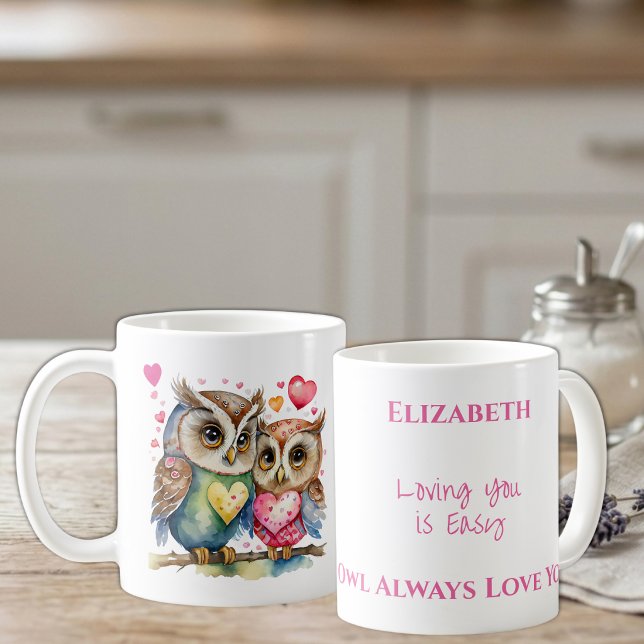 Caneca De Café Corujas fofas amando você nome personalizado rosa (Criador carregado)
