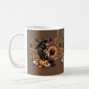 Caneca De Café Corvo Caprichoso com Abóboras e Girassóis