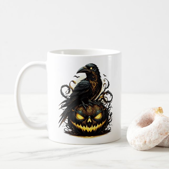 Caneca de Café Corvo de Halloween (Com Donut)