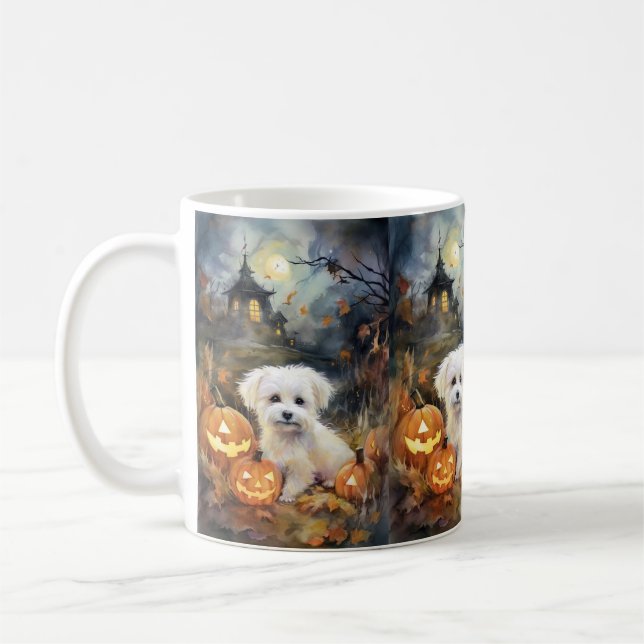 Caneca De Café Coton De Tulear de Halloween com Abóboras Assustad (Esquerda)