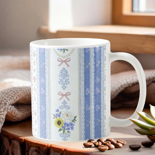 Caneca De Café Cottagecore Azul Suave Rosa Floral Renda Vintage