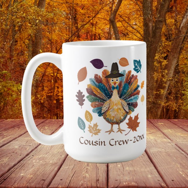 Caneca De Café Cousin Crew Pilgrim Turquia Ação de Graças (Turkey "cousin crew" mug for Thanksgiving family get togethers)