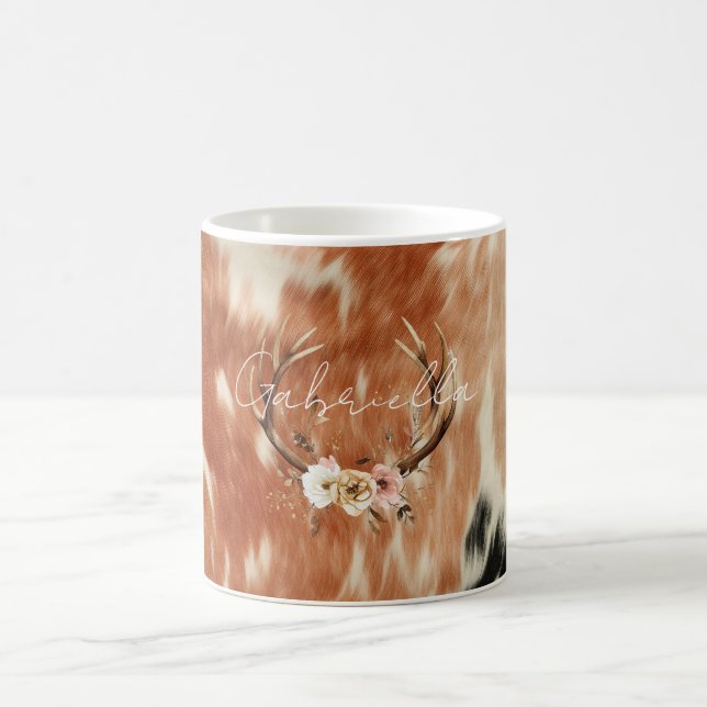 Caneca De Café Cowgirl Cowhide Floral Deer Antlers (Centro)