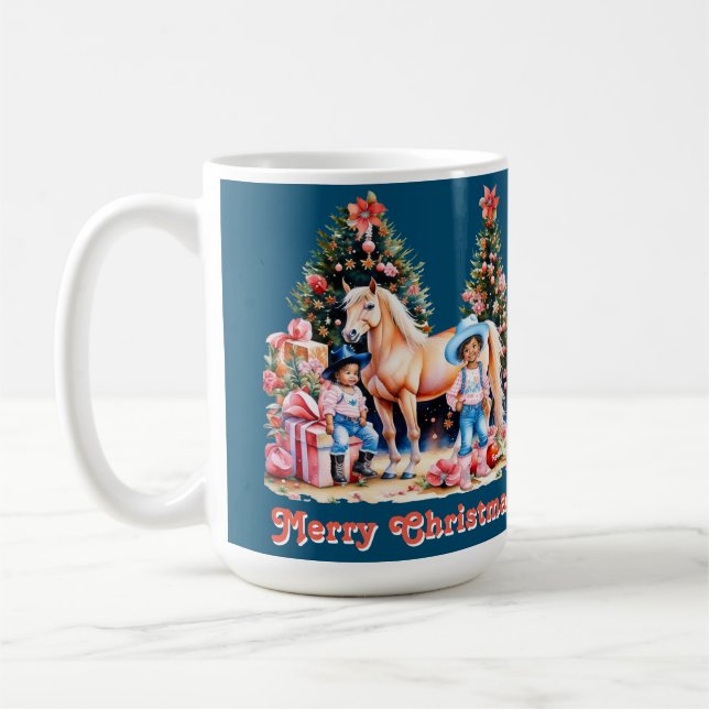 Caneca De Café Cowgirl Negra Horse de inverno Feliz Natal (Esquerda)