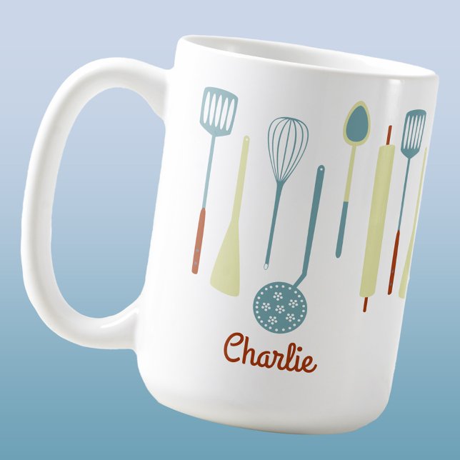 Caneca De Café Cozinha Retroativa Personalizada (Retro kitchen utensils personalized name mug)