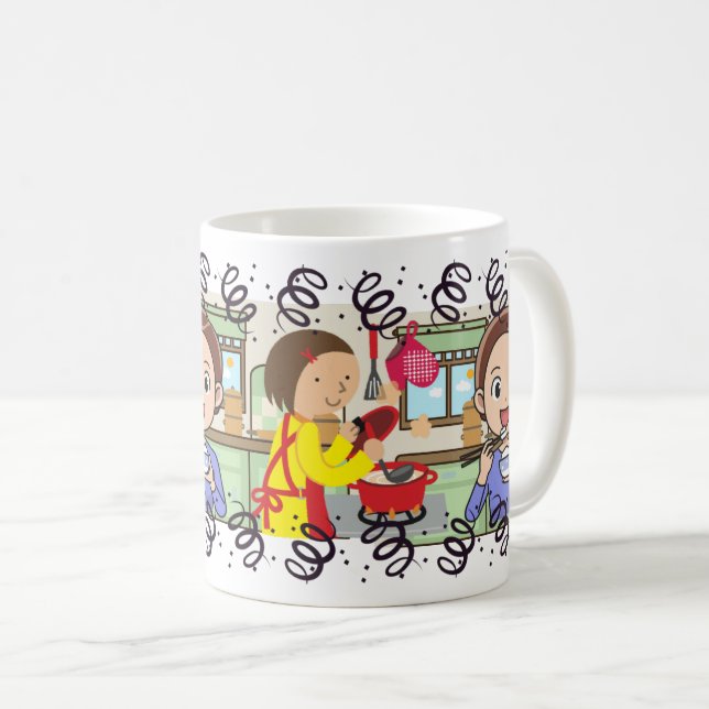 Caneca De Café Cozinhar Mãe Filho Feliz Comida De Refeição (Frente Esquerda)