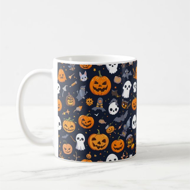 Caneca De Café Cozy Black Background Ghost & Pumpkin All-Over Pat (Esquerda)