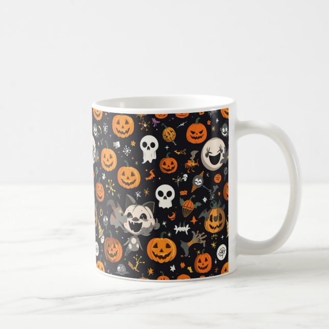 Caneca De Café Cozy Black Background Ghost & Pumpkin All-Over Pat (Direita)