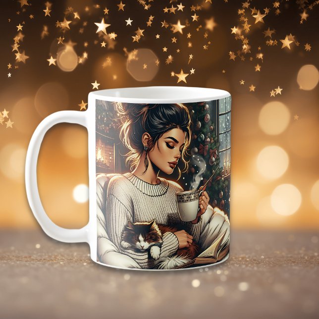 Caneca De Café Cozy Scene | Cacau Bebendo feminino com Gato (Criador carregado)