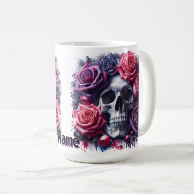 Caneca De Café Crânio arredondado por Rosas vibrantes (Frente Esquerda)