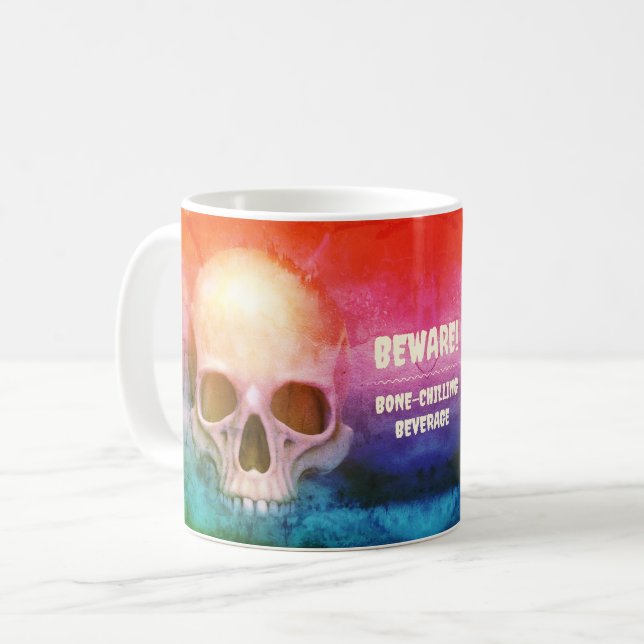 Caneca De Café Crânio assustador. Cuidado! Bebida Refrigerante Ós (Frente Esquerda)