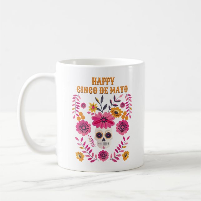 Caneca De Café Crânio de Açúcar do México Motif Happy Cinco de Ma (Esquerda)