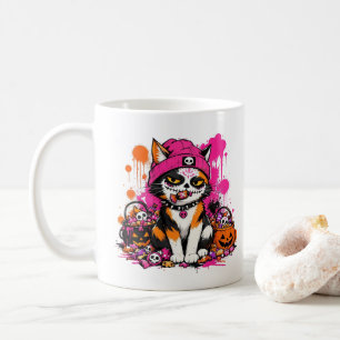 Caneca De Café Cranio de Açúcar Gato Calico Halloween