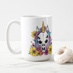 Caneca De Café Crânio de Unicórnio Flores Pastel Goth Soft Grunge