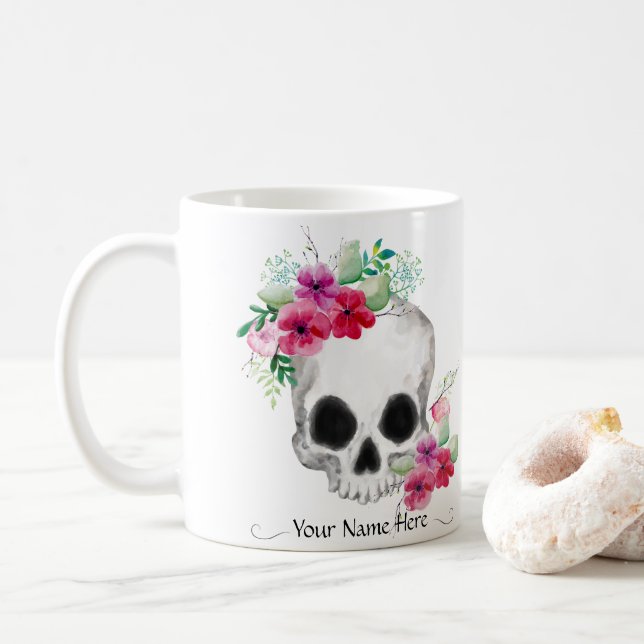 Caneca De Café Crânio E Flores Qualquer Nome (Com Donut)
