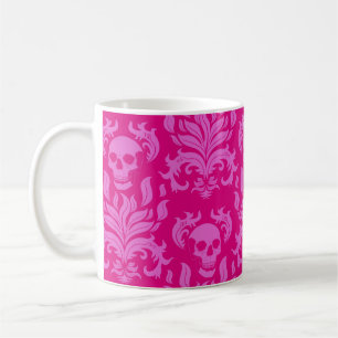 Caneca De Café Crânio Flame Damask em borblegum cor-de-rosa a ros