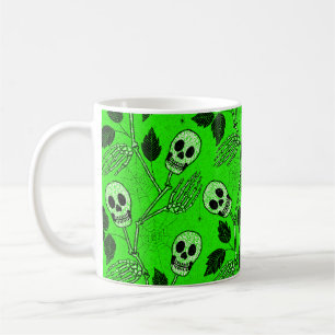 Caneca De Café Crânio Floral Gótico Verde Neon
