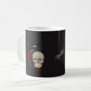 Caneca De Café Crânio Gótico Com Rosa E Corvo Personalizado