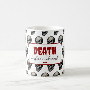 Caneca De Café Crânio Gótico "Morte Antes do Decaf"   Estranho En