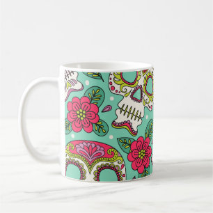 Caneca De Café Crânio mexicano e flores, sem costura.