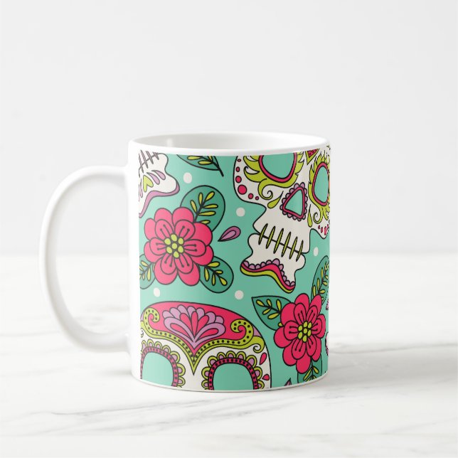 Caneca De Café Crânio mexicano e flores, sem costura. (Esquerda)