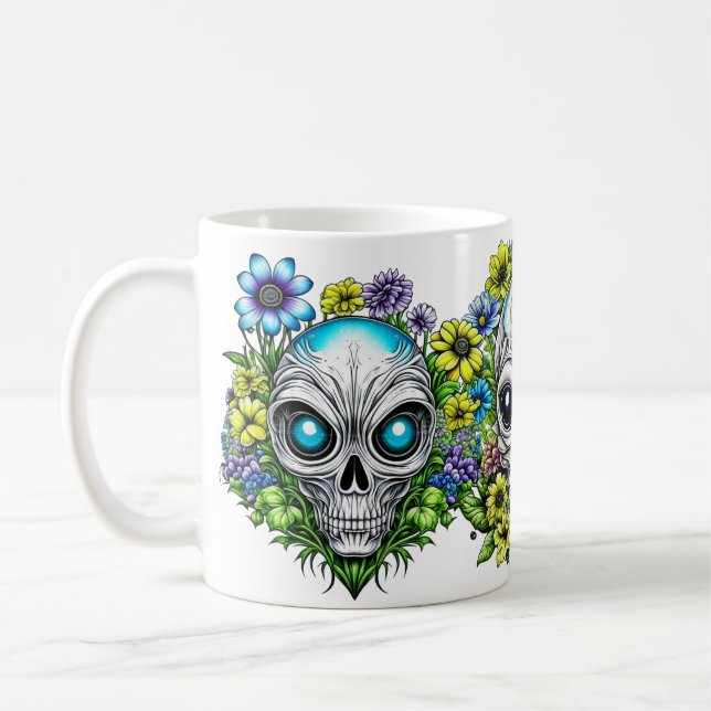 Caneca De Café Crânios e Flores de Alienígenas Extraterrestres  (Esquerda)