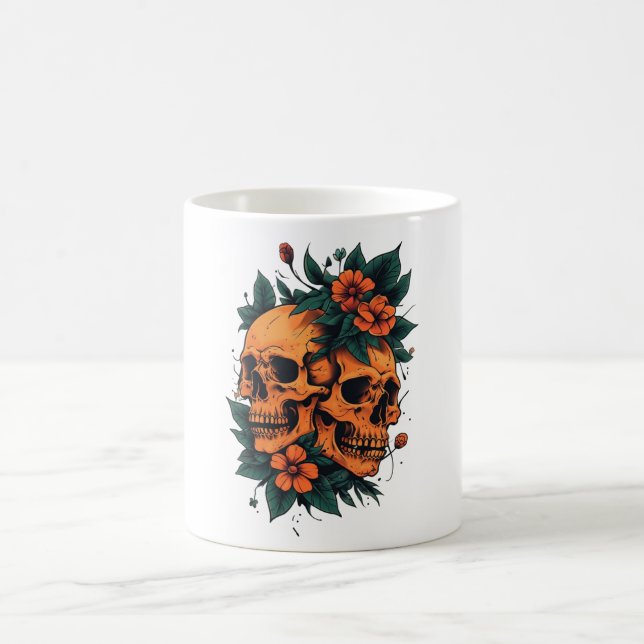 Caneca De Café Crânios Gêmeos Floral Gótico (Centro)