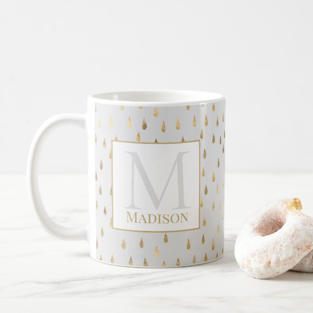 Caneca De Café Cream Dourado Raindrop Modern Trendy Monograma (Com Donut)