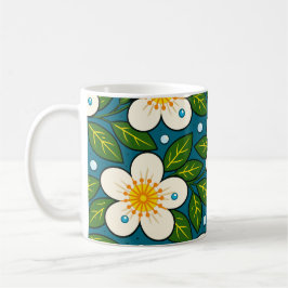 Caneca De Café Creamy White Florals Pattern with Green Leaves