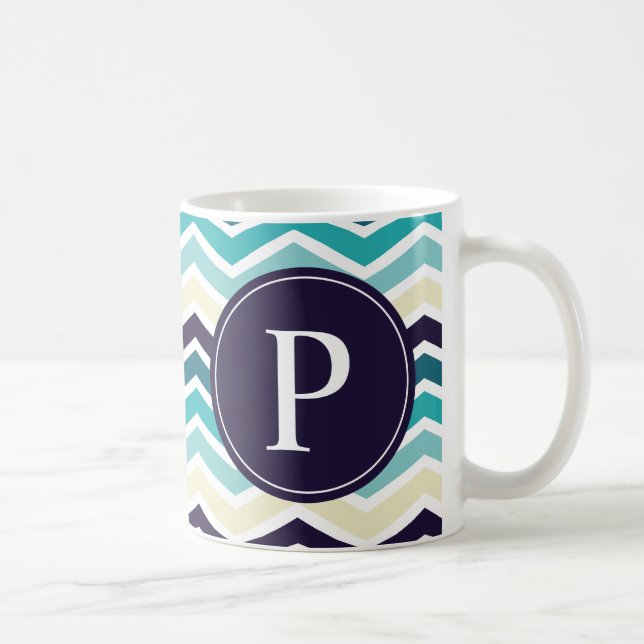 Caneca De Café Creme Azul Marinho Monograma Chevron (Direita)