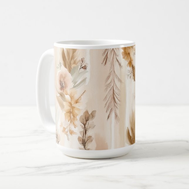 Caneca De Café Creme Rústico Floral Boho (Frente Esquerda)