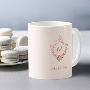 Caneca De Café Crest Nome Monograma Rosa Dourado Rosé Elegante An