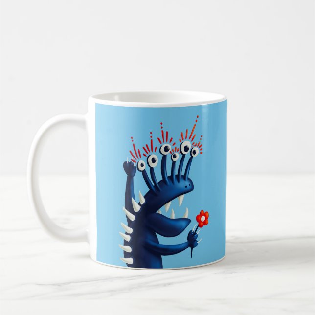 Caneca De Café Crianças Azuis Engraçadas com Flor Monstro (Esquerda)