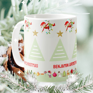 Caneca De Café Crianças Felizes Árvore de Natal Elfs Dourada